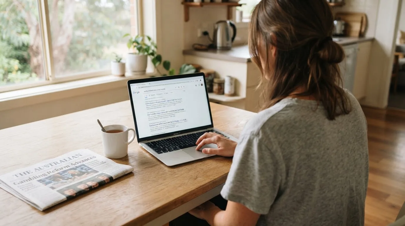 A person sits at a kitchen table, scrolling a laptop showing a general search results page about identity checks at casinos.