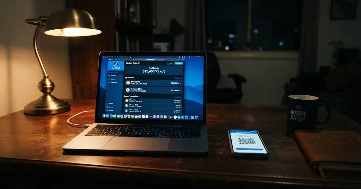 A laptop screen shows a cryptocurrency wallet balance next to a phone displaying a QR code, on a desk at night.