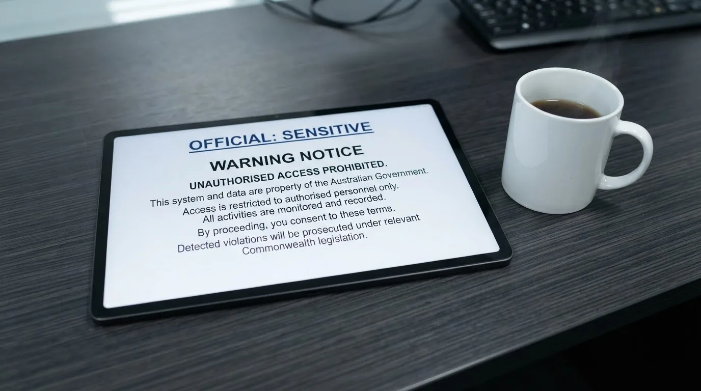A tablet on a desk displays a plain government-style warning notice page, with a coffee cup beside it.