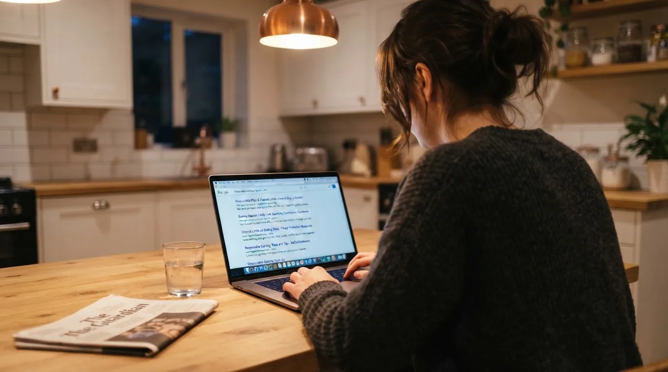 A person sits at a kitchen table, scrolling a laptop showing a general search results page about deposit limits.