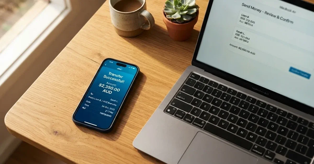 Close-up of a smartphone banking app open beside a laptop on a home desk, mid-transfer.