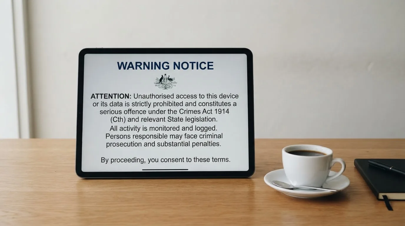 A tablet on a desk displays a plain government-style warning notice page, with a coffee cup beside it.