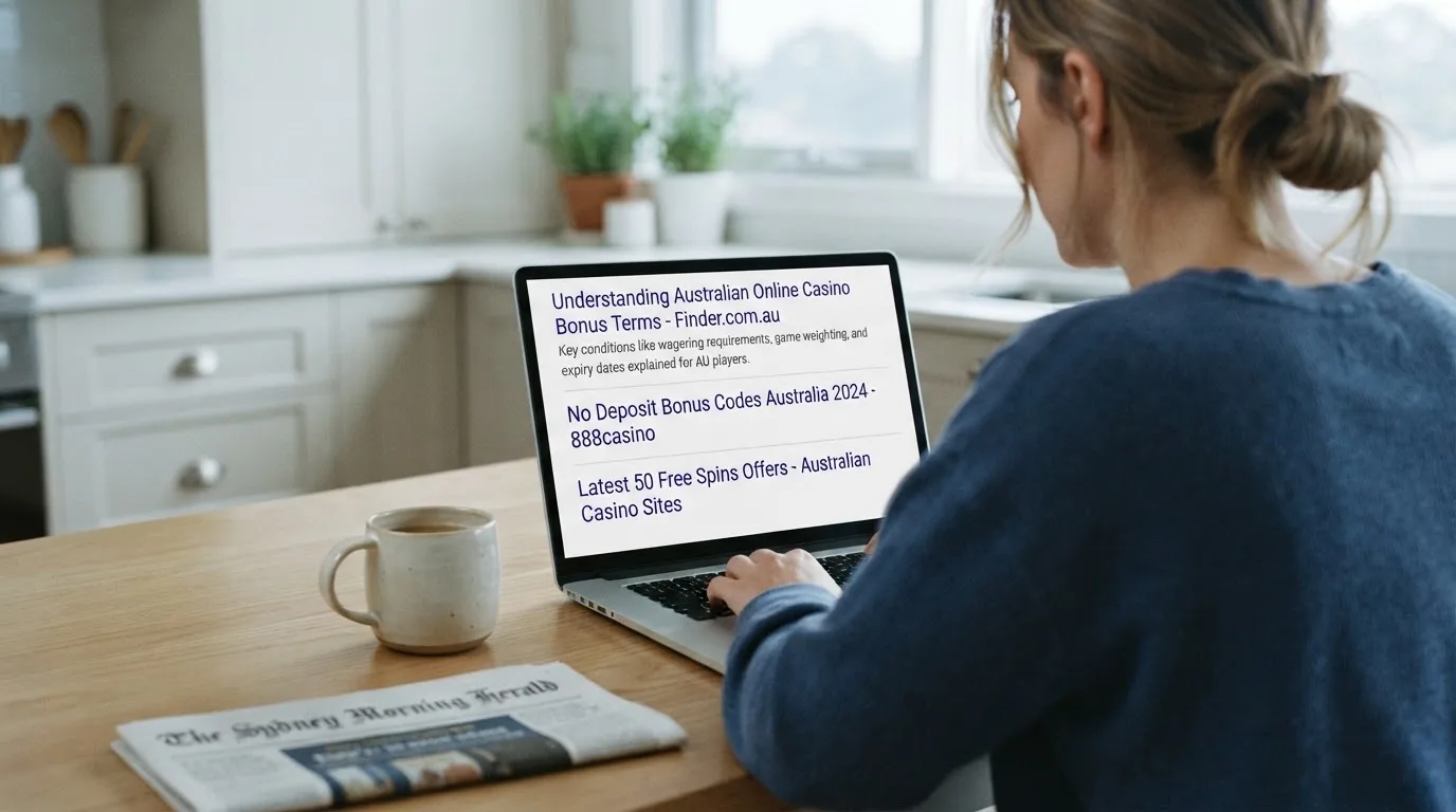 A person sits at a kitchen table, scrolling a laptop showing a general search results page about bonus terms.