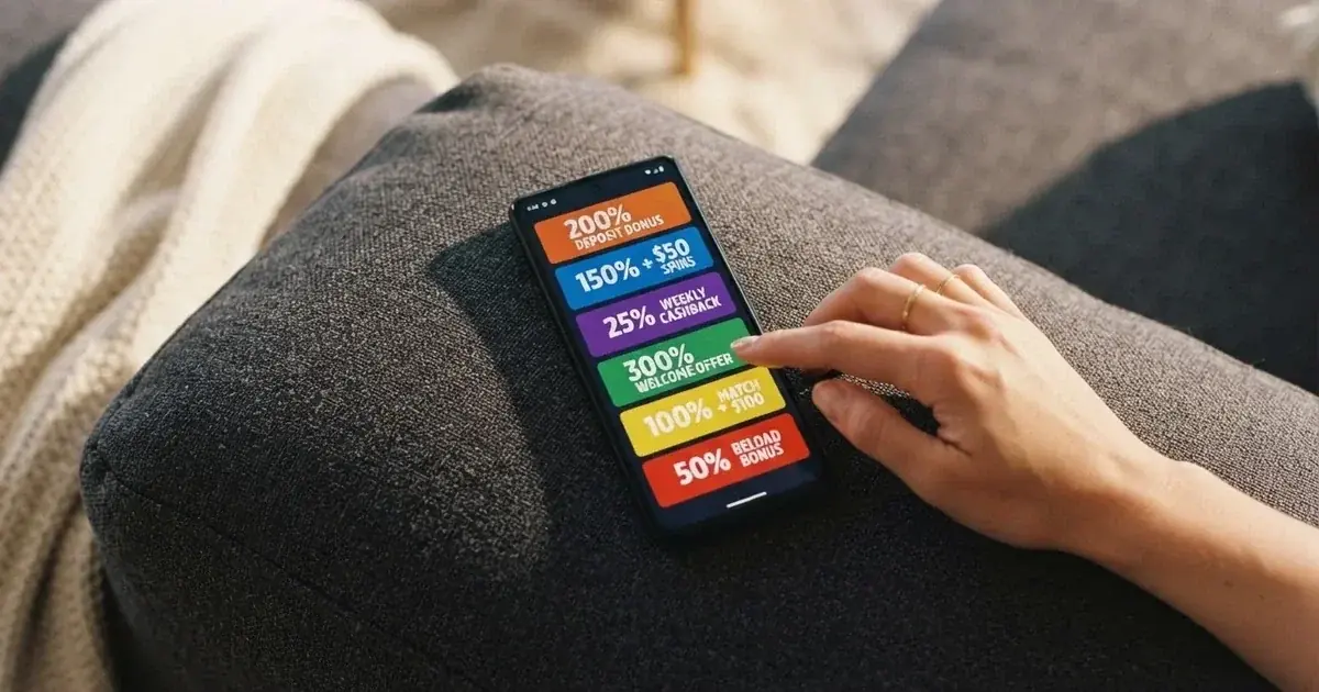 A phone screen shows a list of promotional bonus tiles as someone scrolls with one thumb on a couch.
