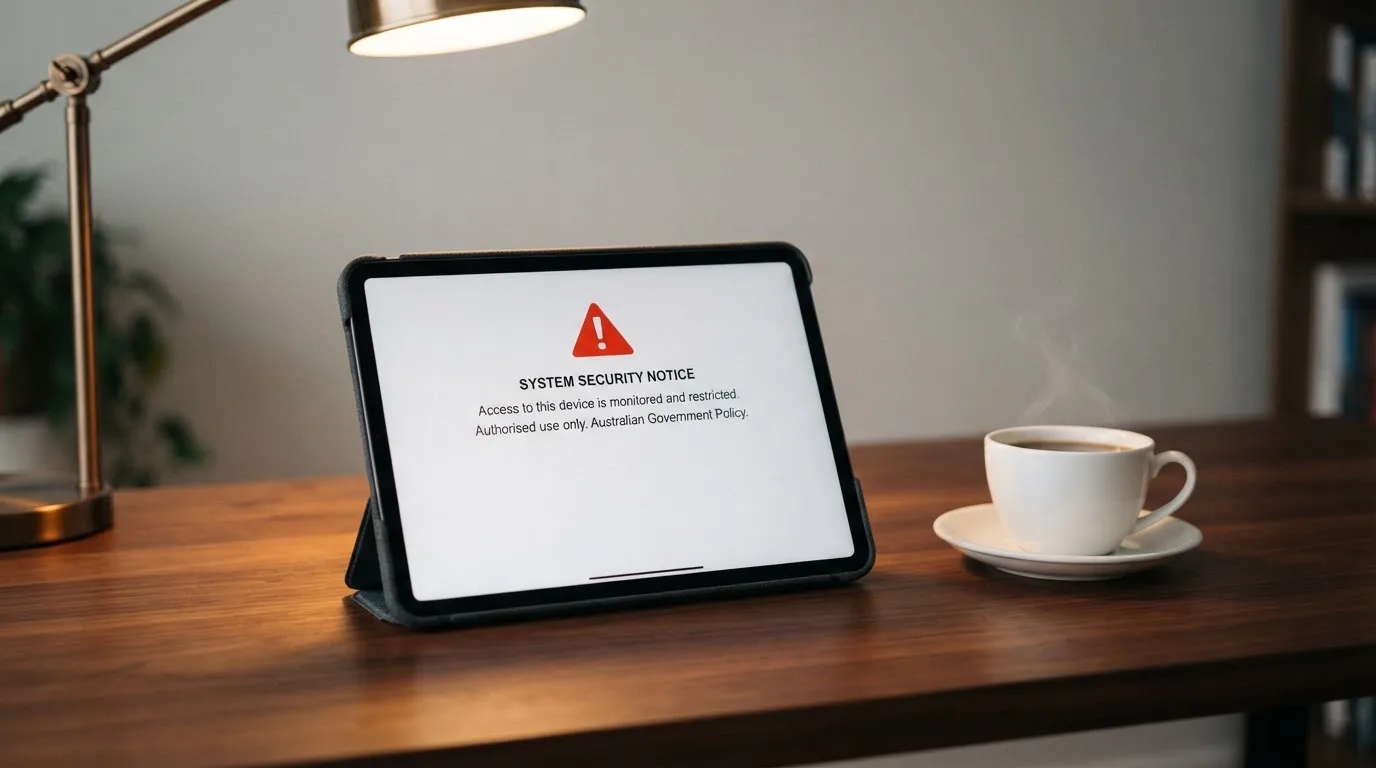 A tablet on a desk displays a plain government-style warning notice page, with a coffee cup beside it.