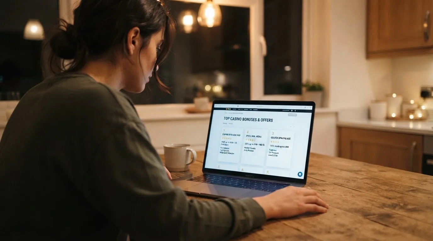 A person sits at a kitchen table in the evening, scrolling a laptop showing a general search results page about bonus offers.