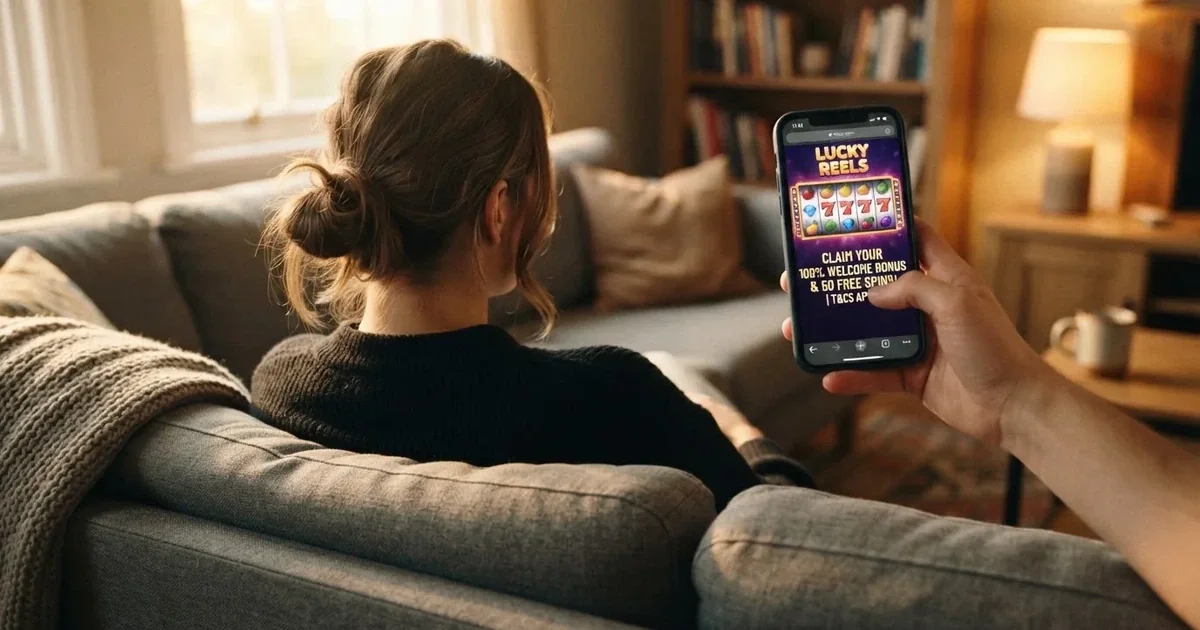 A phone screen shows a list of promotional bonus tiles as someone scrolls with one thumb on a couch.
