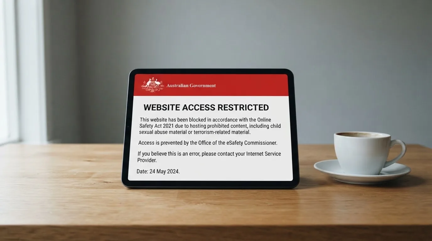 A tablet on a desk displays a plain government-style warning notice page, with a coffee cup beside it.