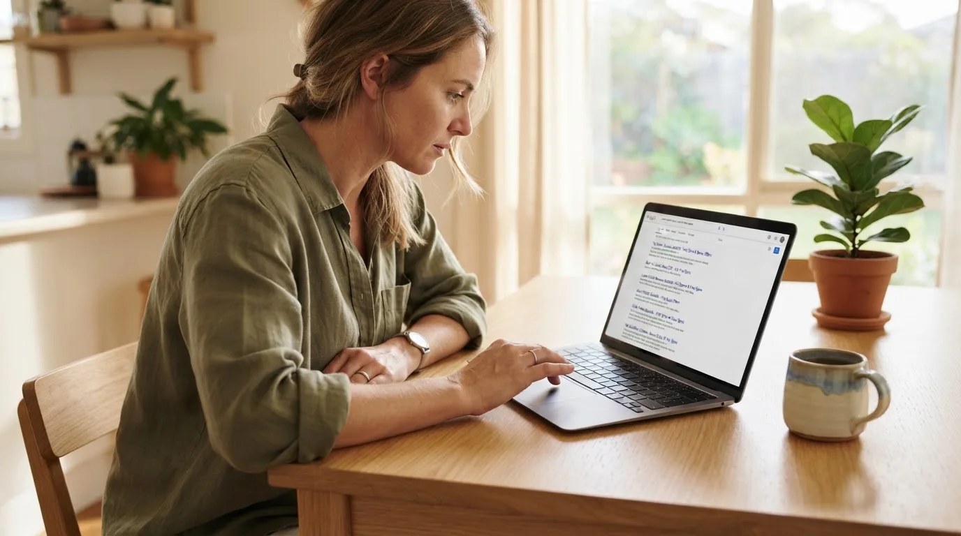 A person sits at a kitchen table, scrolling a laptop showing a general search results page about free spins offers.
