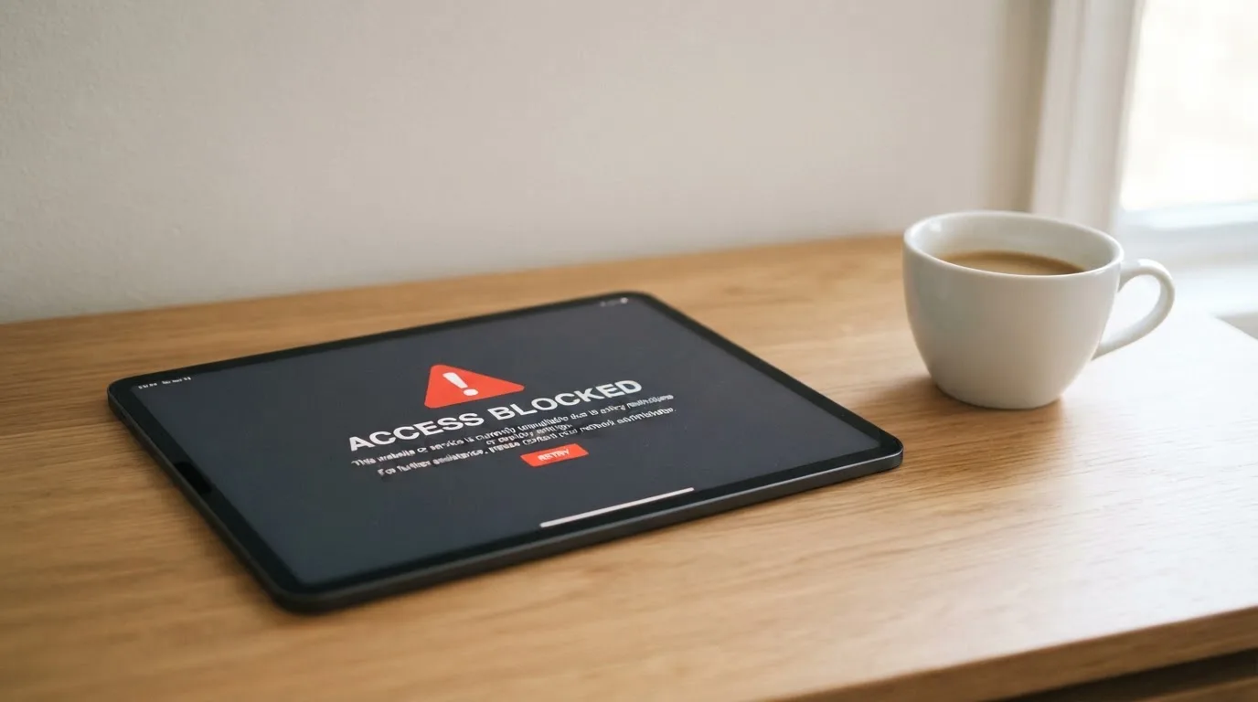 A tablet on a desk displays a plain government-style warning notice page, with a coffee cup beside it.