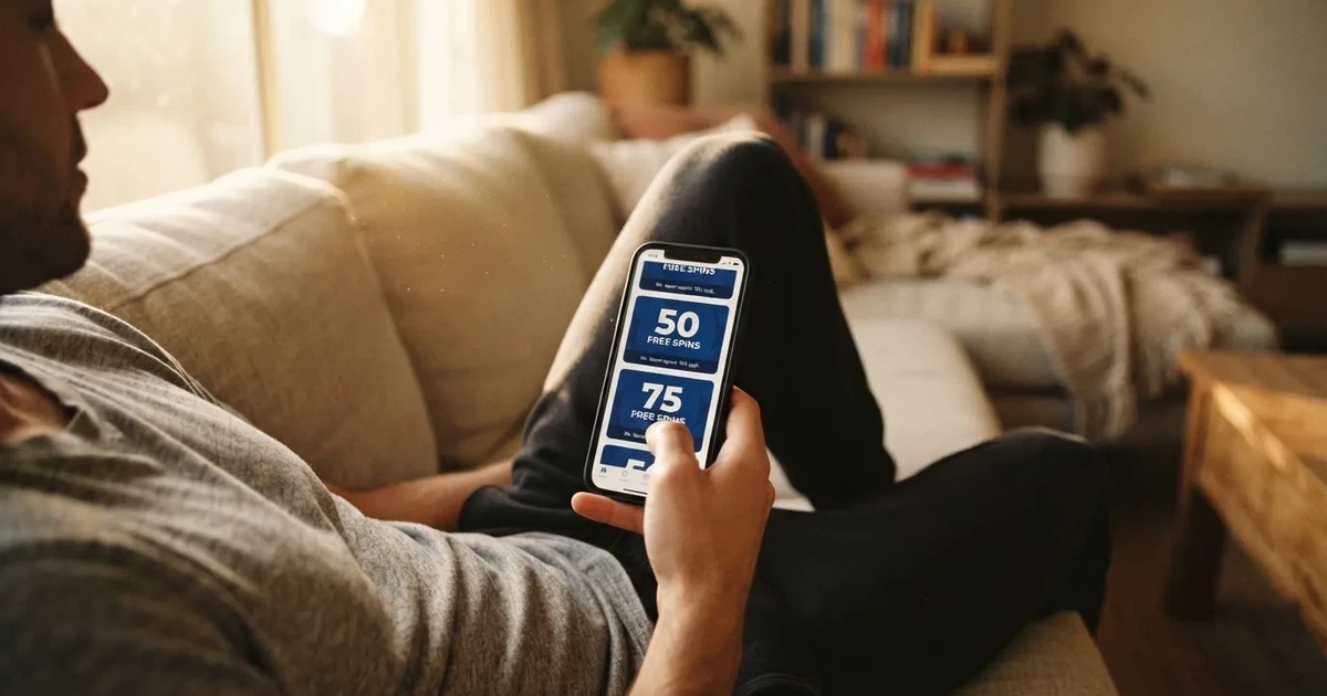 A phone screen shows a list of promotional bonus tiles as someone scrolls with one thumb on a couch.