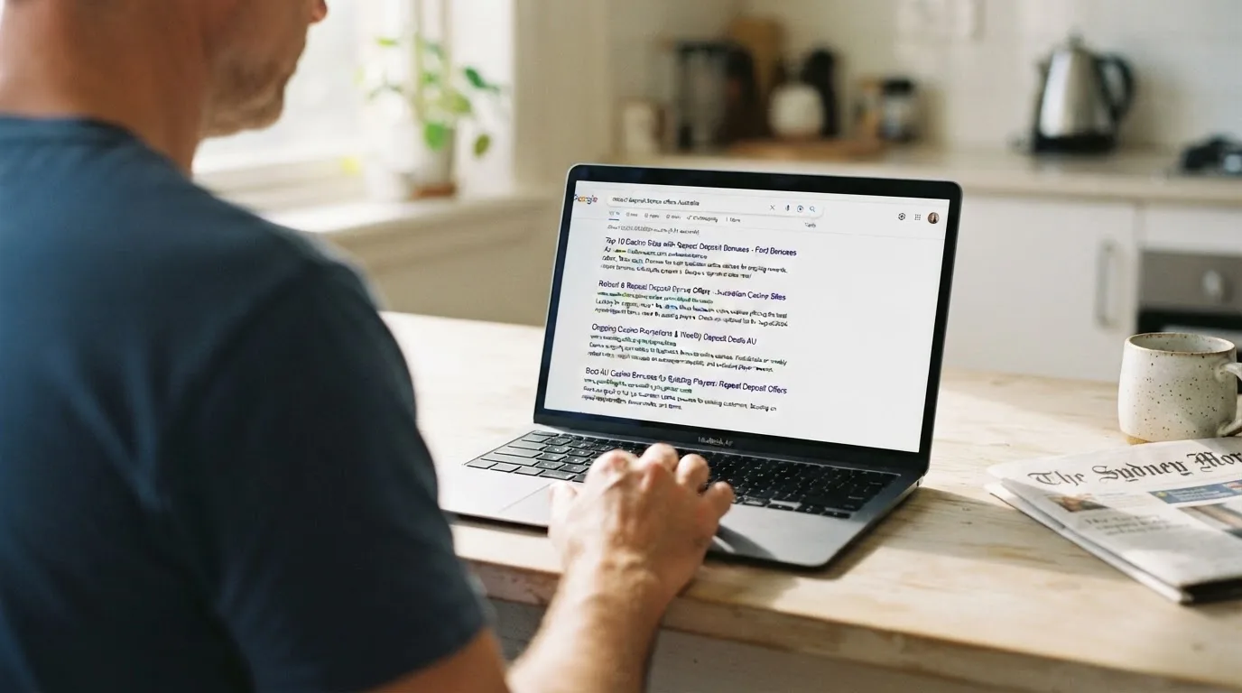 A person sits at a kitchen table, scrolling a laptop showing a general search results page about repeat-deposit offers.