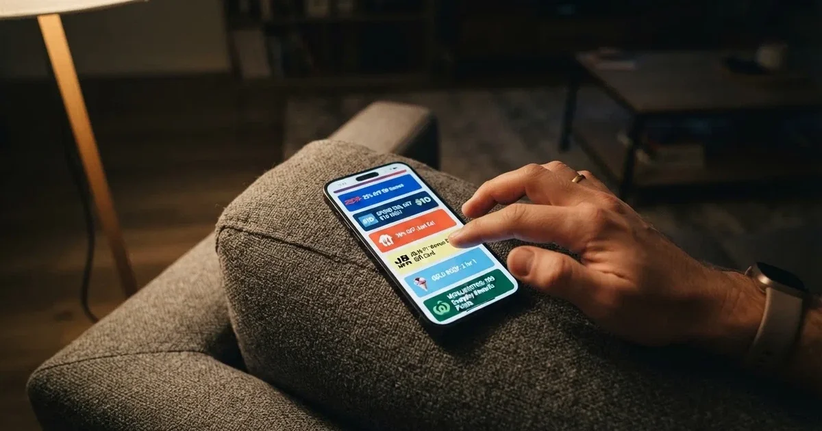 A phone screen shows a list of promotional bonus tiles as someone scrolls with one thumb on a couch.