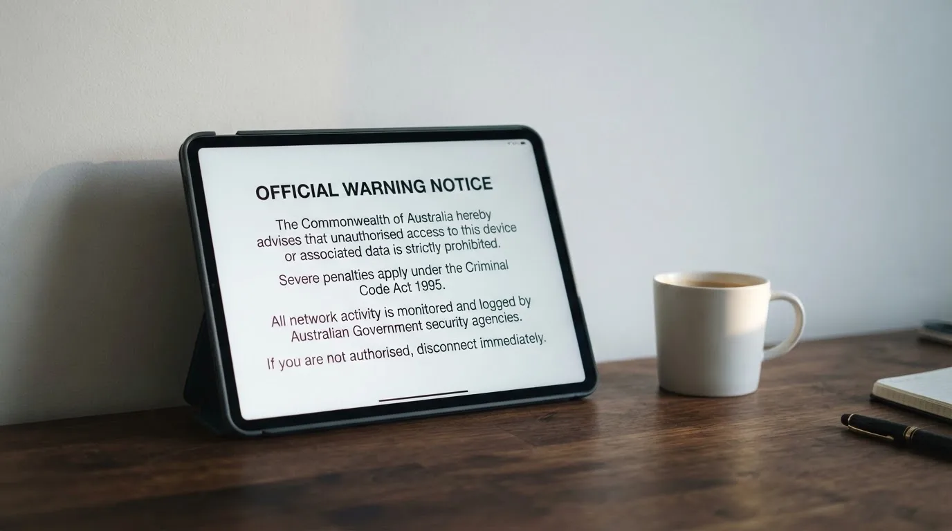 A tablet on a desk displays a plain government-style warning notice page, with a coffee cup beside it.