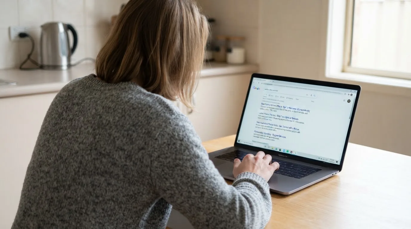 A person sits at a kitchen table, scrolling a laptop showing a general search results page about pokies offers.