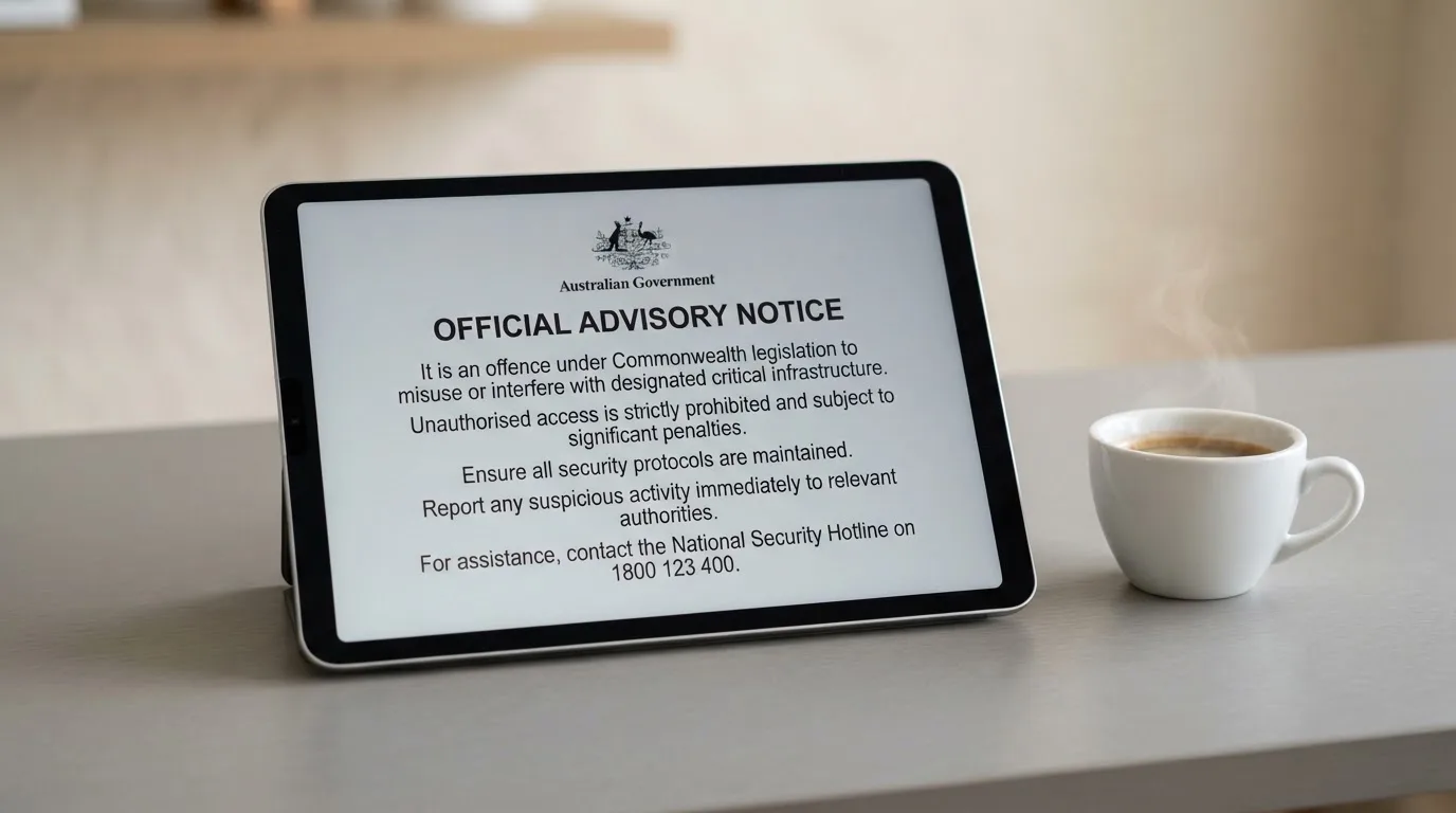 A tablet on a desk displays a plain government-style warning notice page, with a coffee cup beside it.