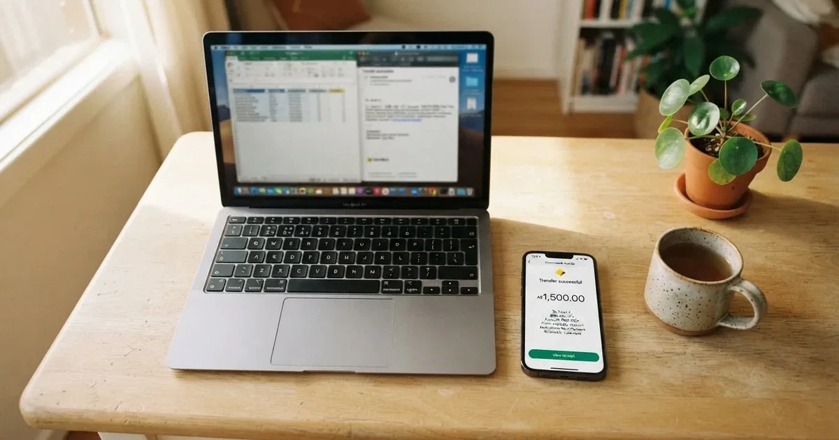 Close-up of a smartphone banking app open beside a laptop on a home desk, mid-transfer.
