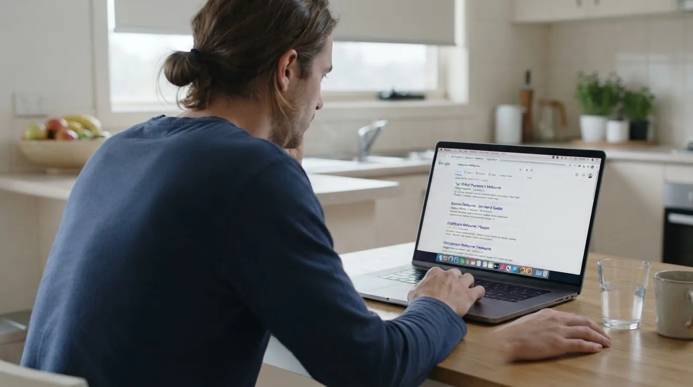 A person sits at a kitchen table, scrolling a laptop showing a general search results page about e-wallet options.