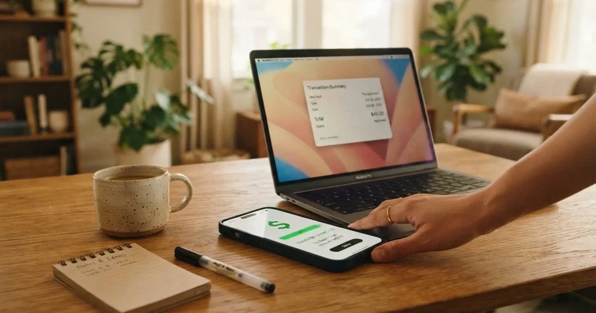 Close-up of a smartphone banking app open beside a laptop on a home desk, mid-transfer.