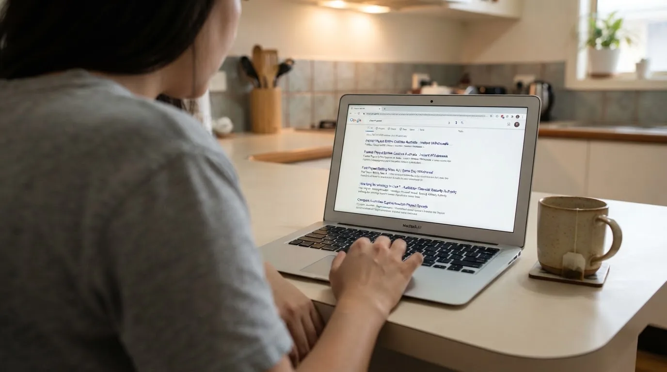 A person sits at a kitchen table, scrolling a laptop showing a general search results page about withdrawal speed.