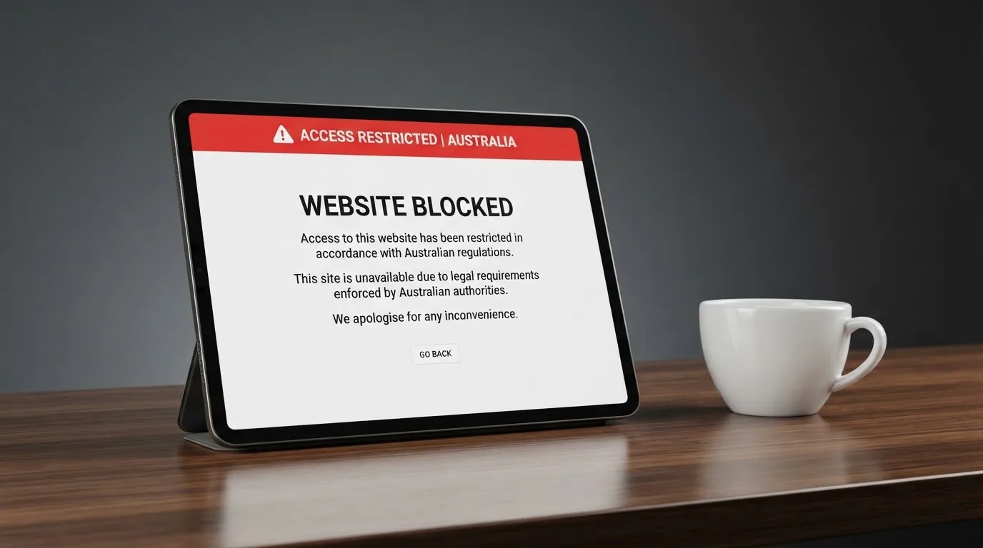 A tablet on a desk displays a plain government-style warning notice page, with a coffee cup beside it.