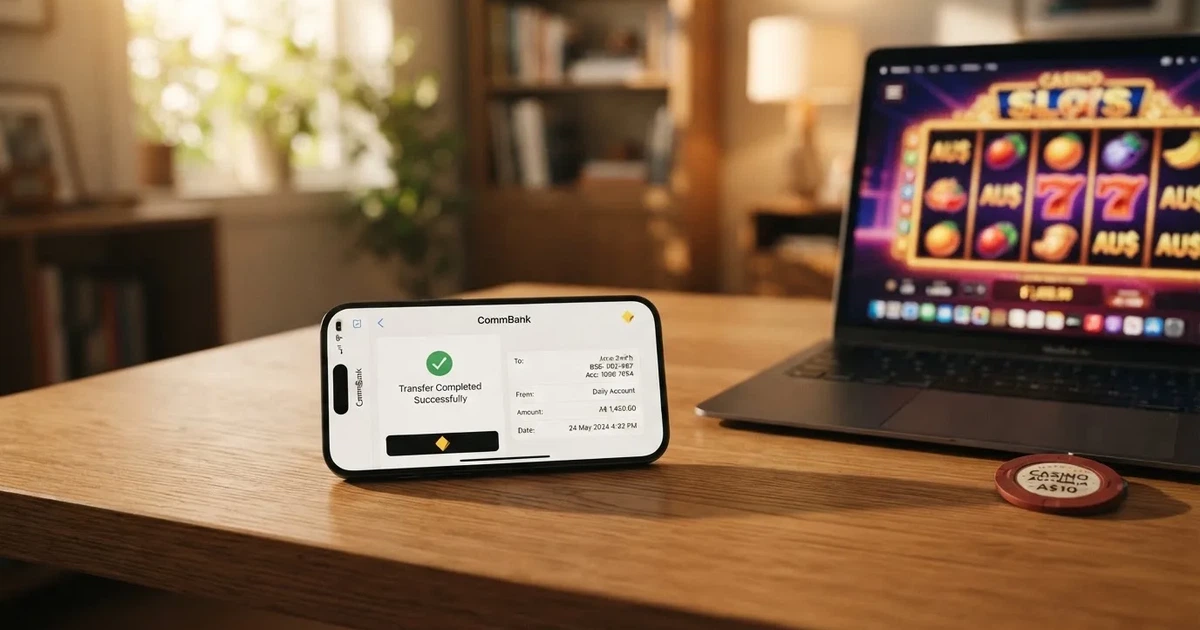Close-up of a smartphone banking app open beside a laptop on a home desk, mid-transfer.