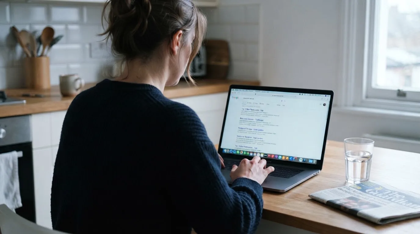 A person sits at a kitchen table, scrolling a laptop showing a general search results page about pokies bonus offers.