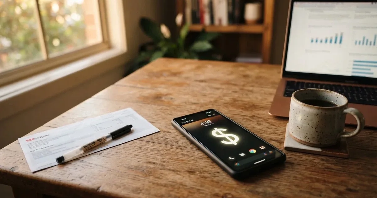 Close-up of a smartphone banking app open beside a laptop on a home desk, mid-transfer.