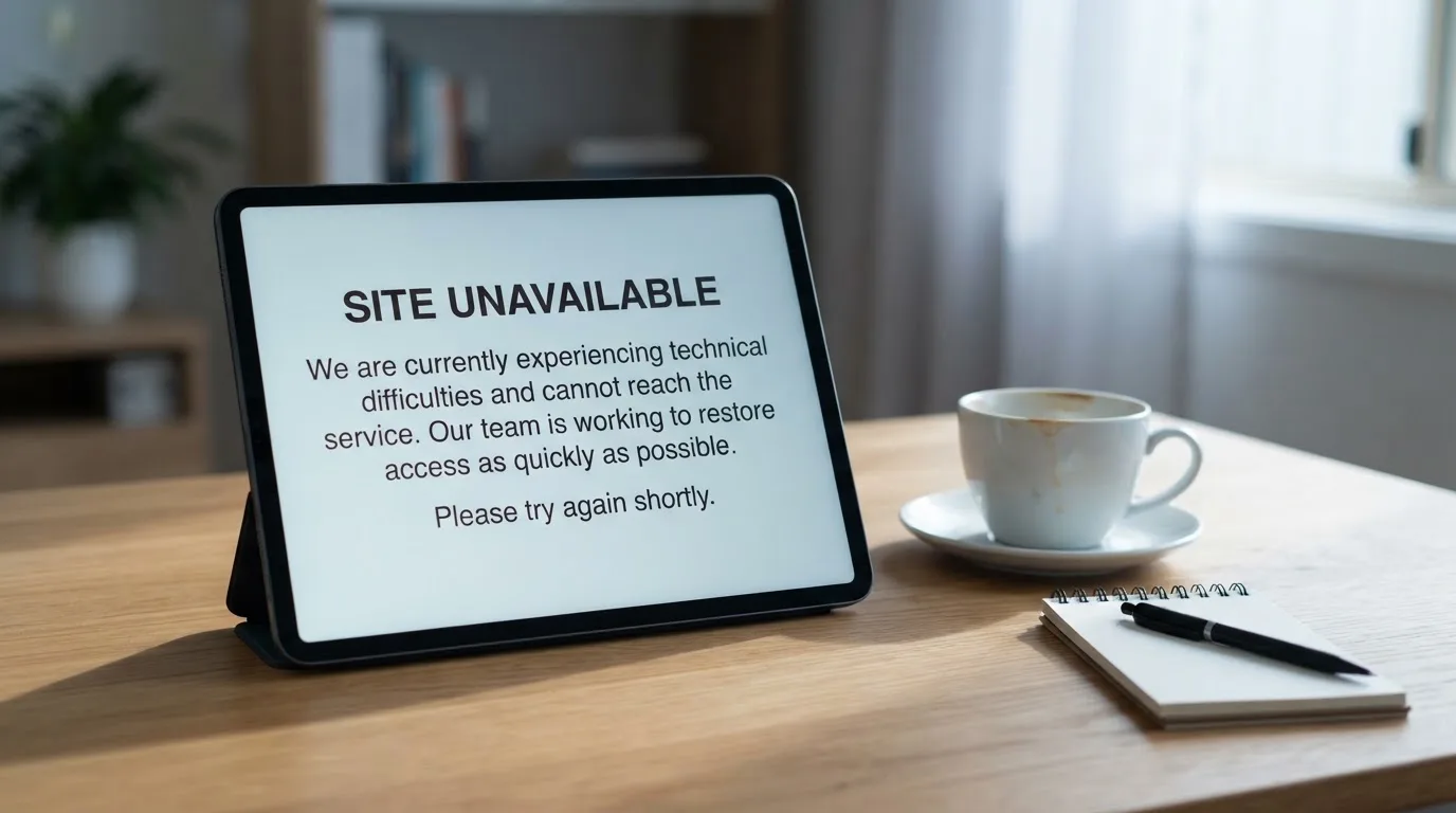 A tablet on a desk displays a plain government-style warning notice page, with a coffee cup beside it.