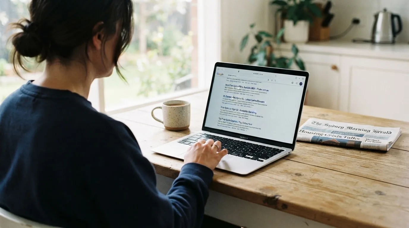 A person sits at a kitchen table, scrolling a laptop showing a general search results page about free spins offers.