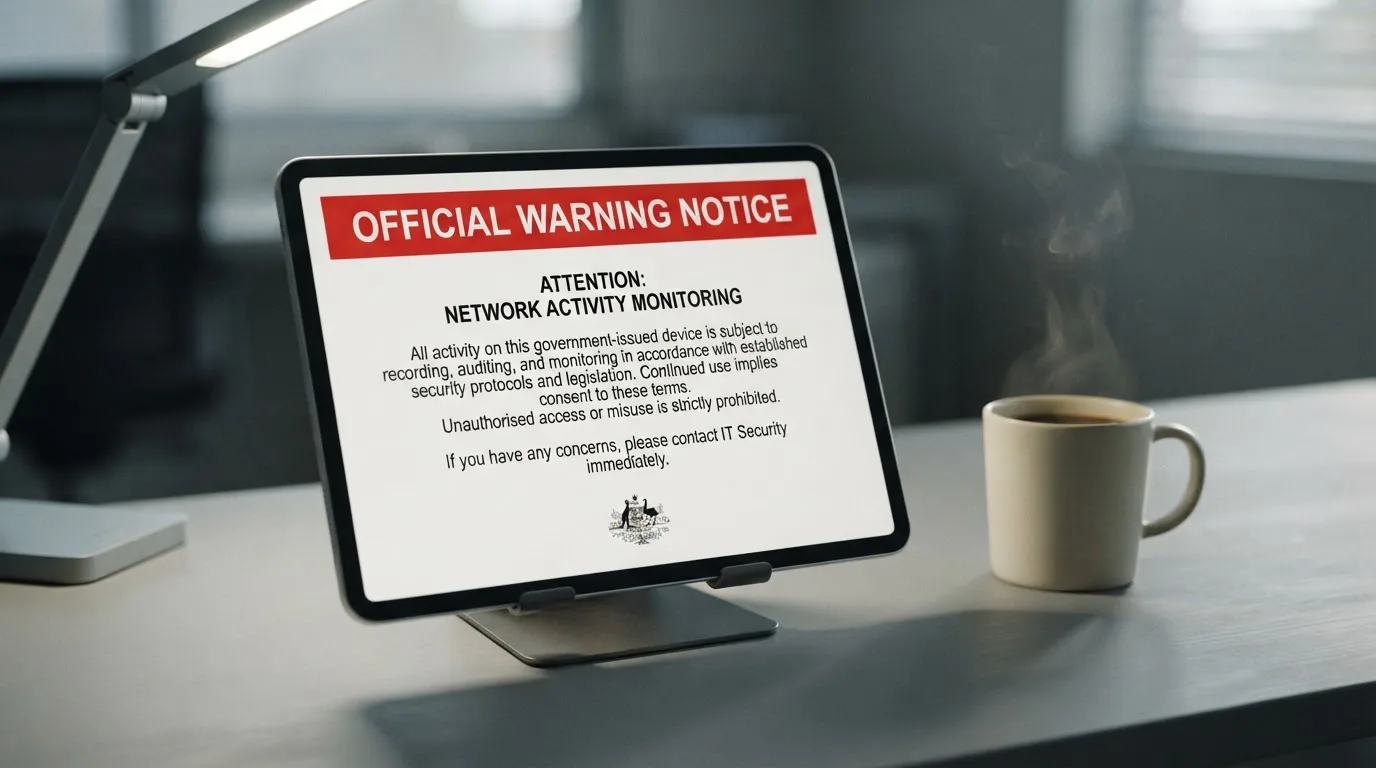 A tablet on a desk displays a plain government-style warning notice page, with a coffee cup beside it.