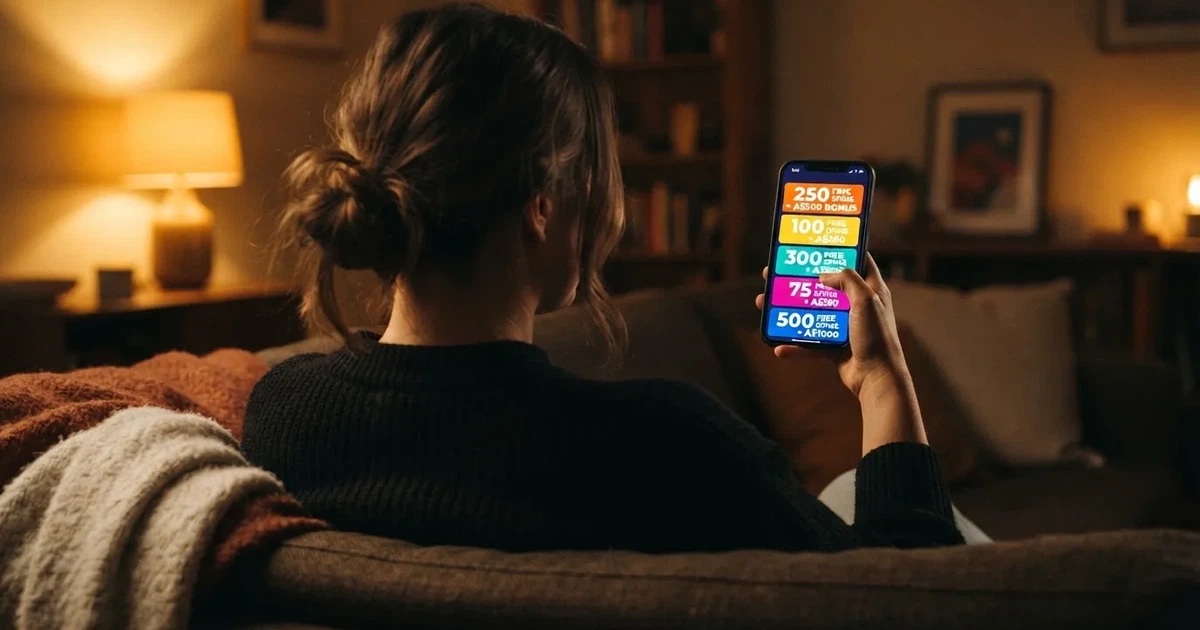 A phone screen shows a list of promotional bonus tiles as someone scrolls with one thumb on a couch.