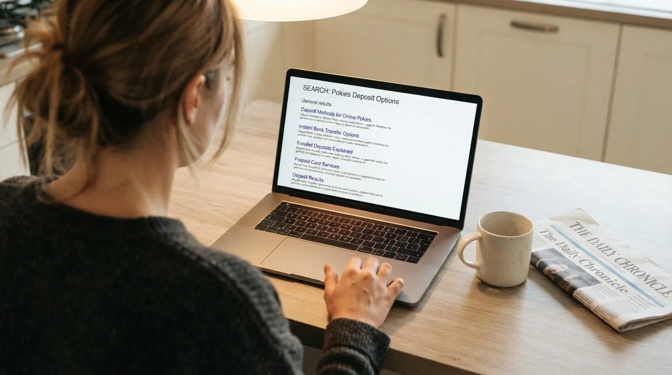 A person sits at a kitchen table, scrolling a laptop showing a general search results page about pokies deposit options.