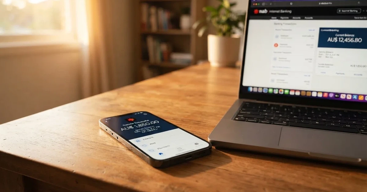 Close-up of a smartphone banking app open beside a laptop on a home desk, mid-transfer.