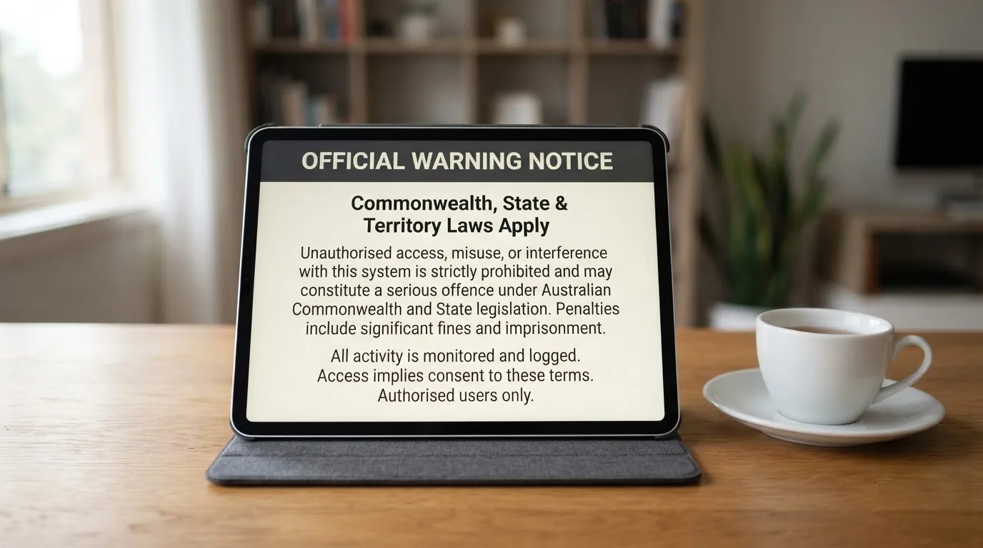 A tablet on a desk displays a plain government-style warning notice page, with a coffee cup beside it.