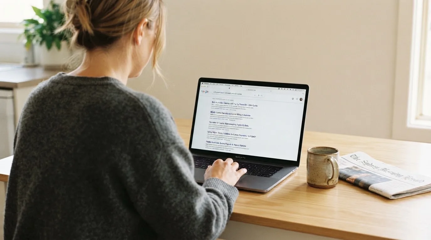 A person sits at a kitchen table, scrolling a laptop showing a general search results page about phone-bill deposits.