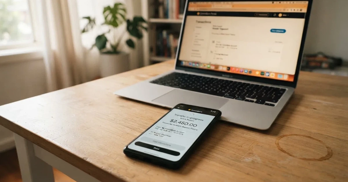 Close-up of a smartphone banking app open beside a laptop on a home desk, mid-transfer.