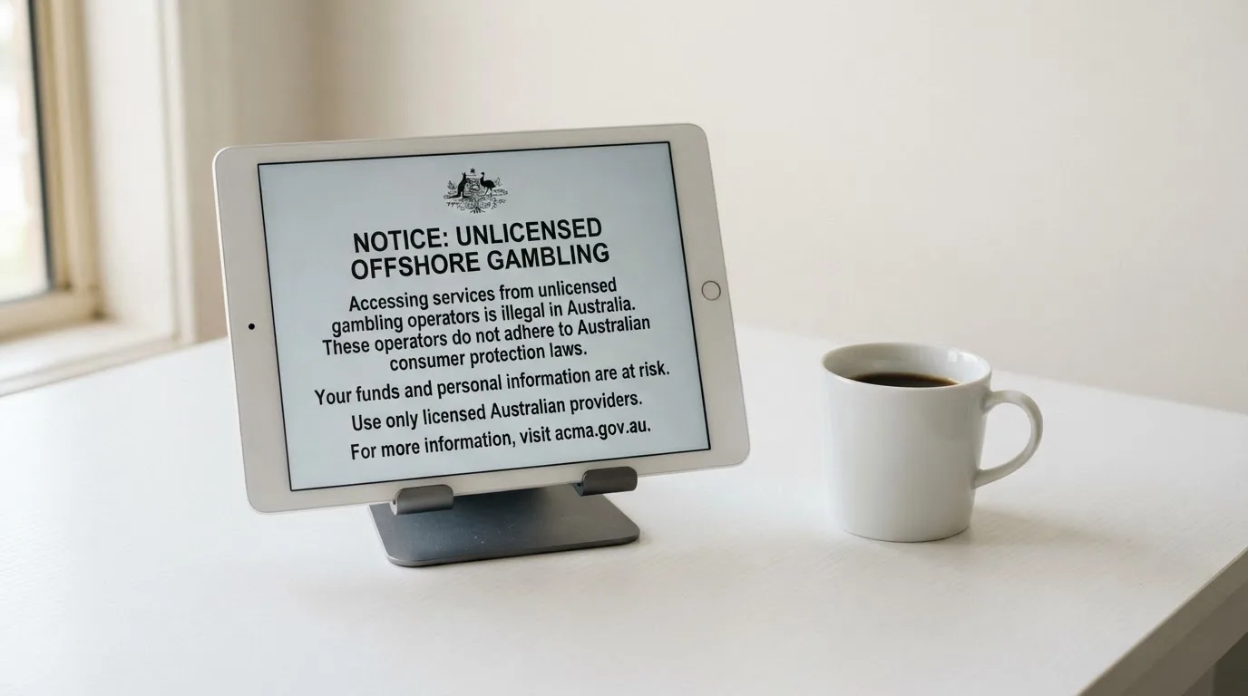 A tablet on a desk displays a plain government-style warning notice page, with a coffee cup beside it.