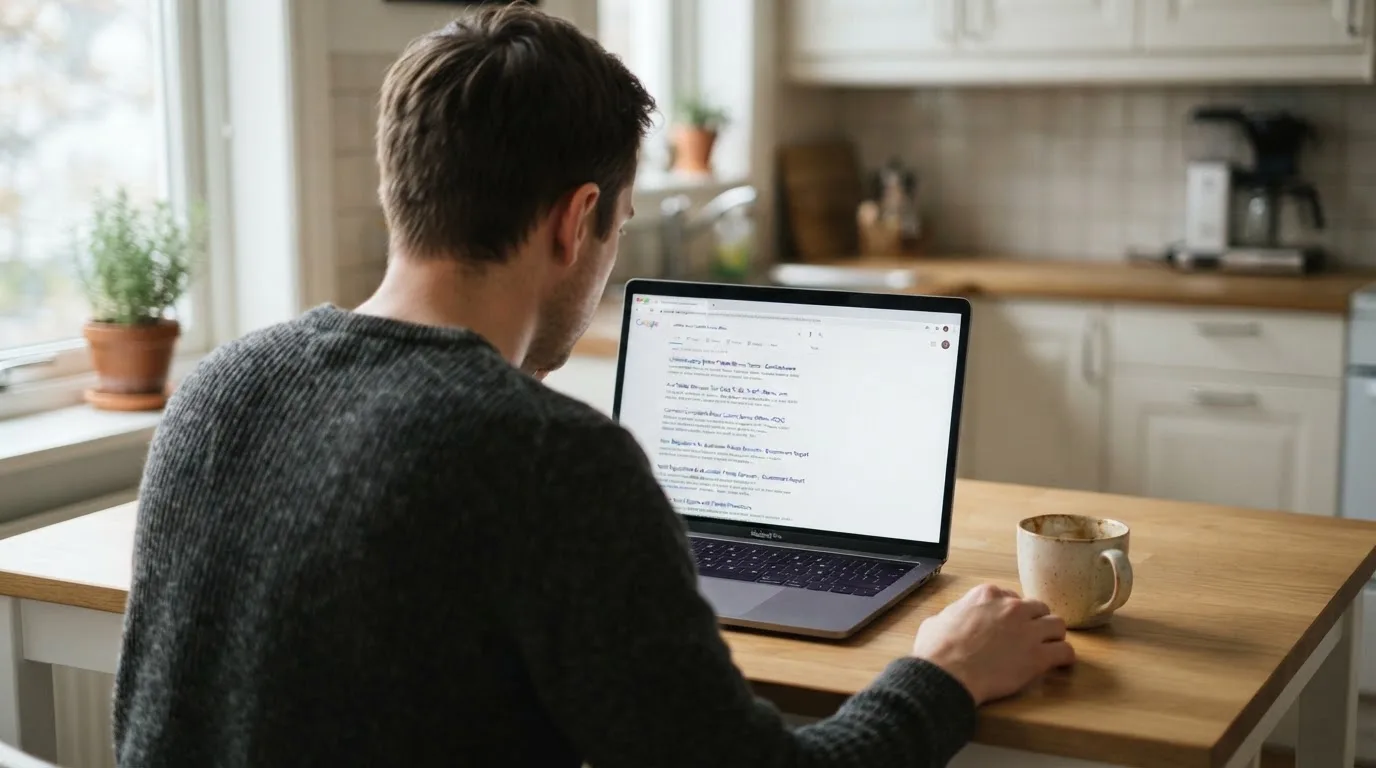 A person sits at a kitchen table, scrolling a laptop showing a general search results page about pokies bonus claims.