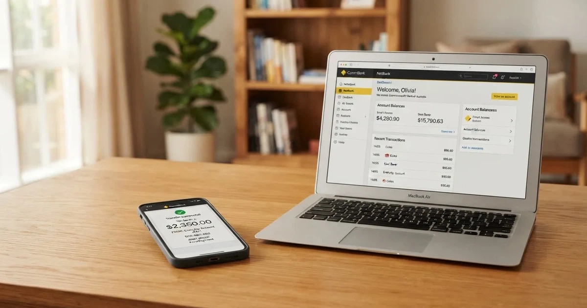 Close-up of a smartphone banking app open beside a laptop on a home desk, mid-transfer.