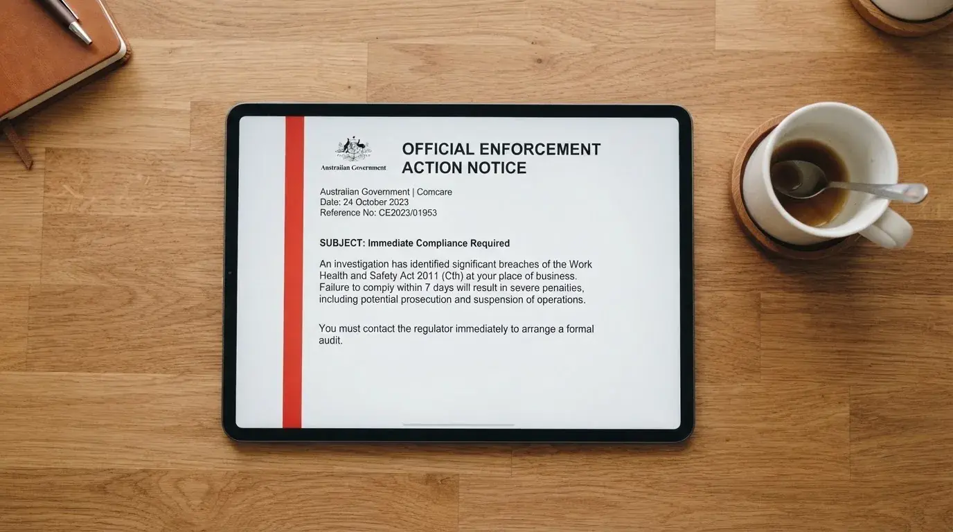 A tablet on a desk displays a plain government-style warning notice page, with a coffee cup beside it.