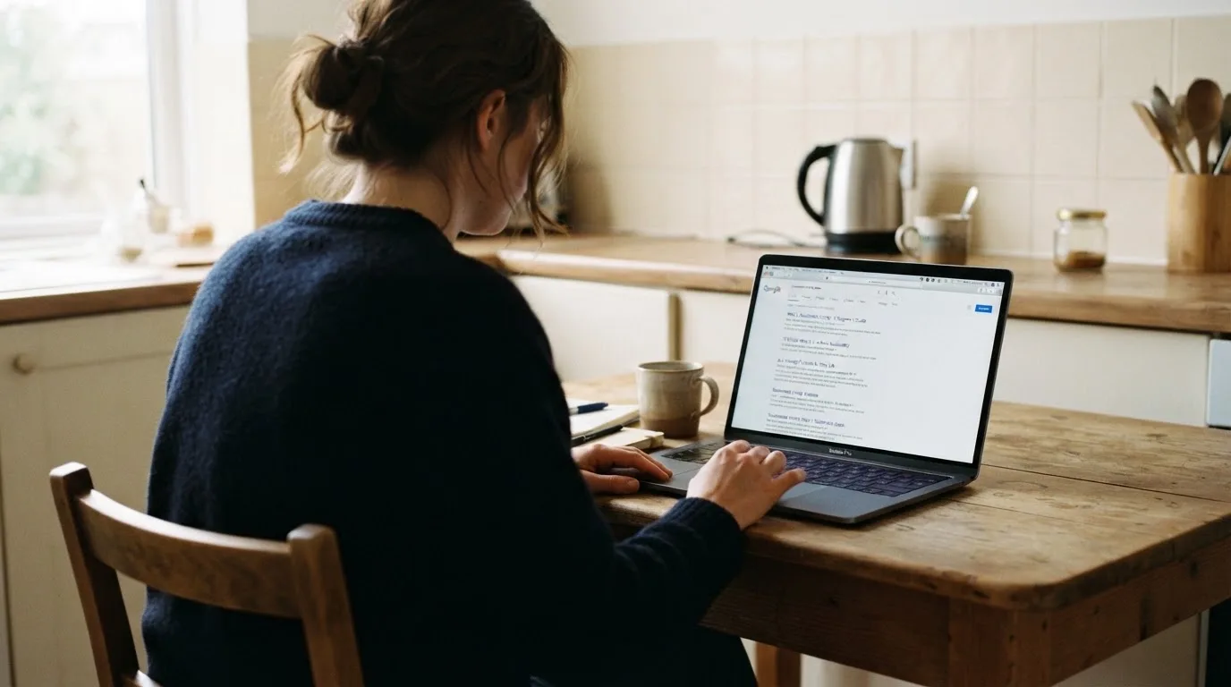 A person sits at a kitchen table, scrolling a laptop showing a general search results page about the Plinko game.
