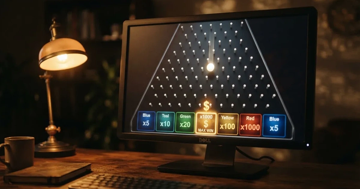 A close-up of a Plinko-style game board with pegs and multiplier slots shown on a monitor.