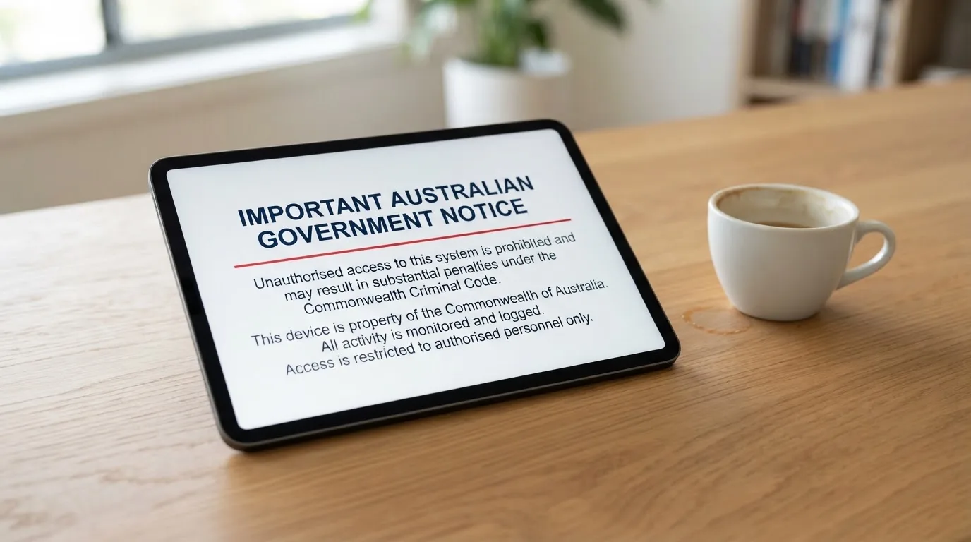 A tablet on a desk displays a plain government-style warning notice page, with a coffee cup beside it.