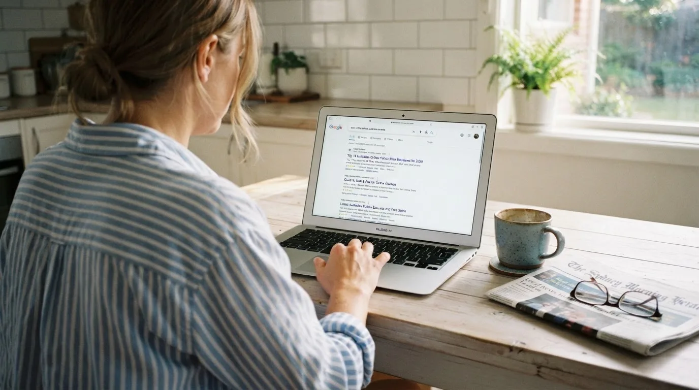 A person sits at a kitchen table, scrolling a laptop showing a general search results page about a review of a pokies site.