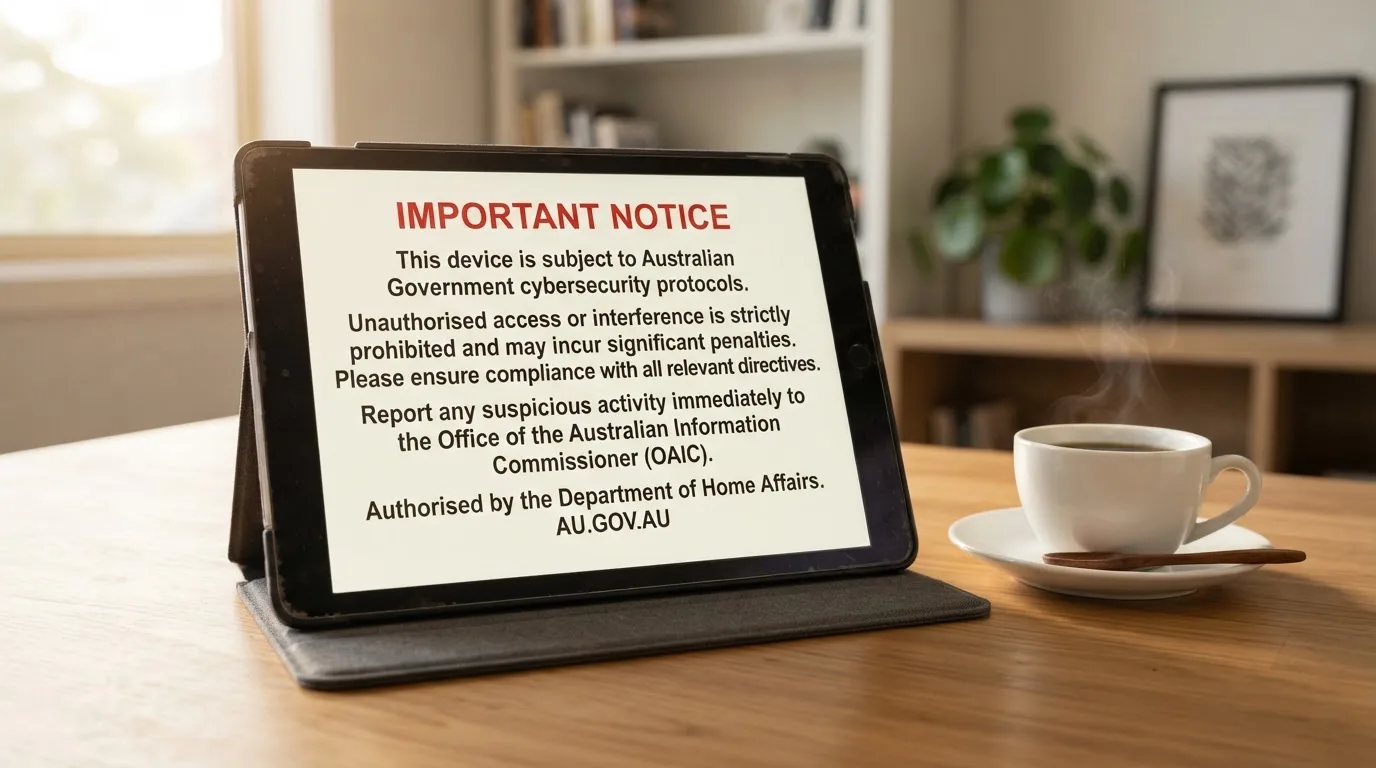 A tablet on a desk displays a plain government-style warning notice page, with a coffee cup beside it.