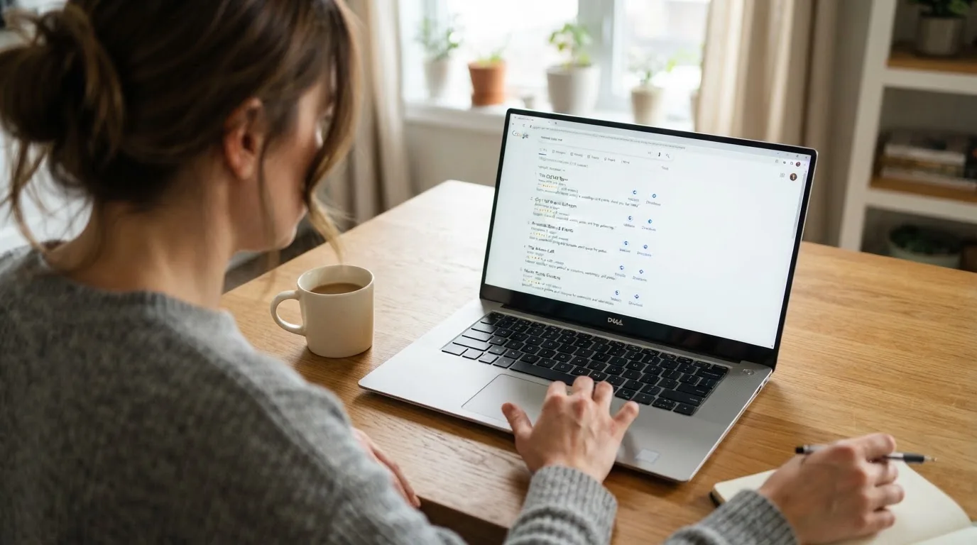 A person sits at a kitchen table, scrolling a laptop showing a general search results page about nearby venues.