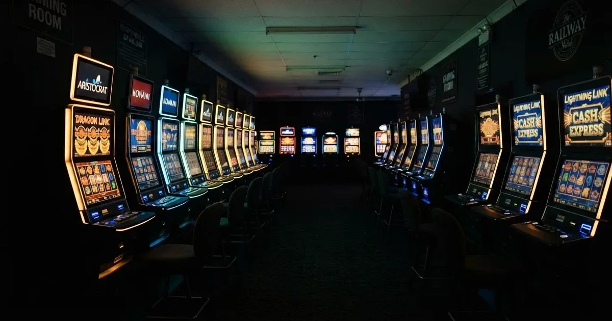 The interior of an Australian pub gaming room with rows of poker machines under dim lighting, no patrons visible.