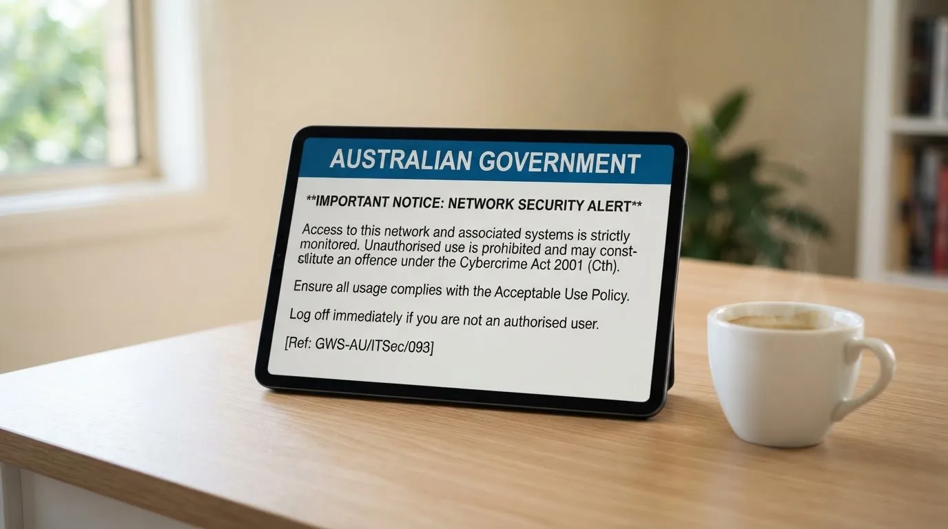 A tablet on a desk displays a plain government-style warning notice page, with a coffee cup beside it.