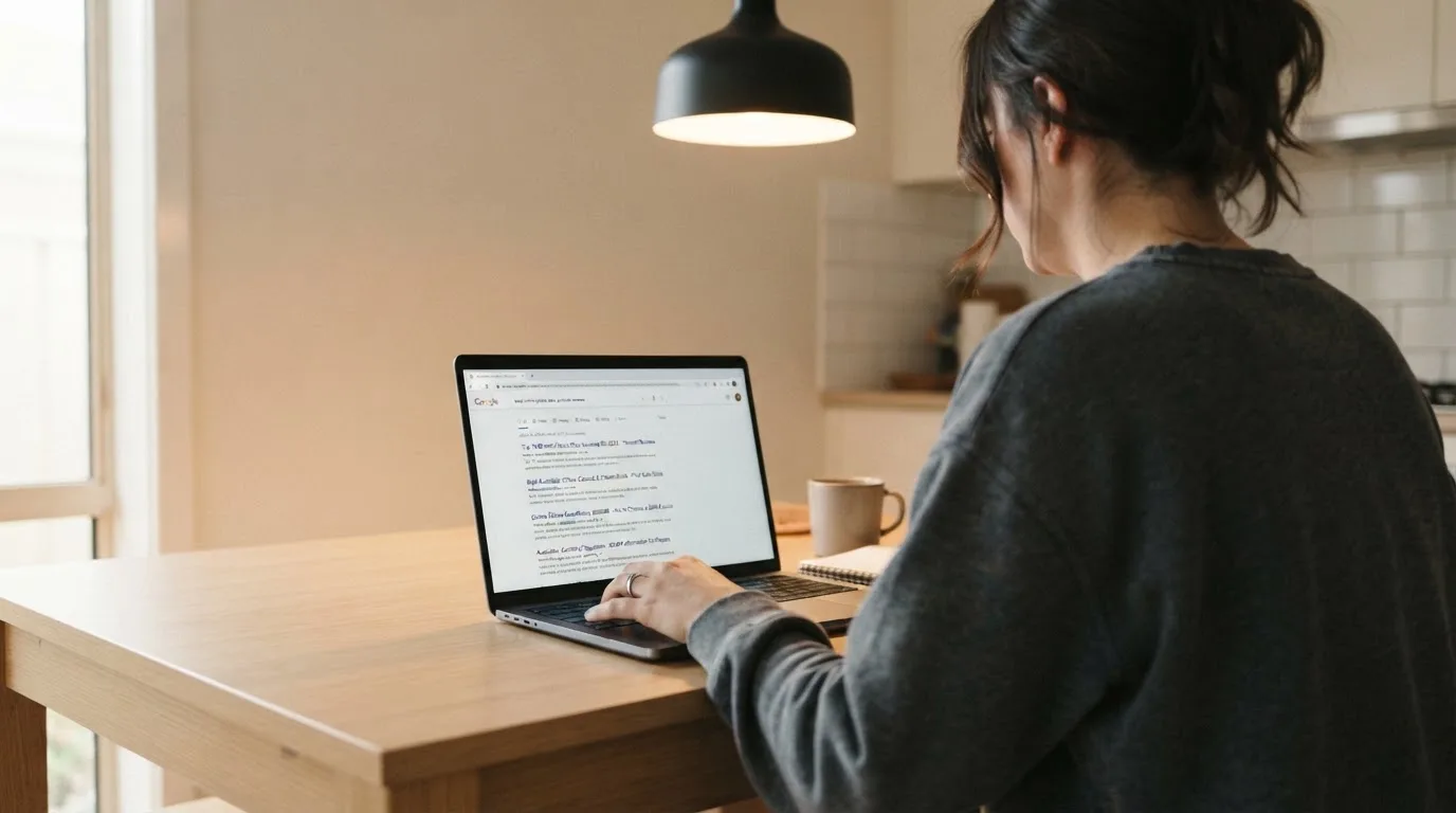 A person sits at a kitchen table, scrolling a laptop showing a general search results page about a review of a pokies site.